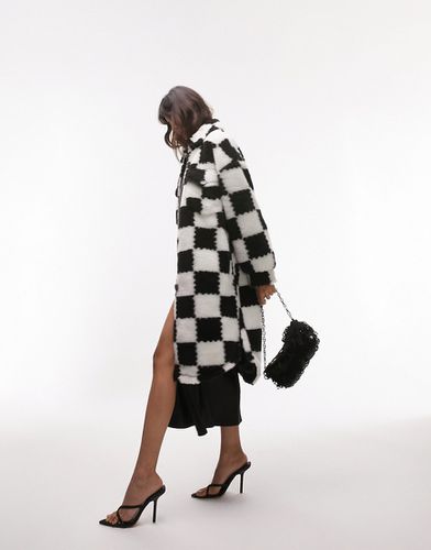 Manteau long à motif damier en fausse fourrure - Noir et blanc - Topshop - Modalova