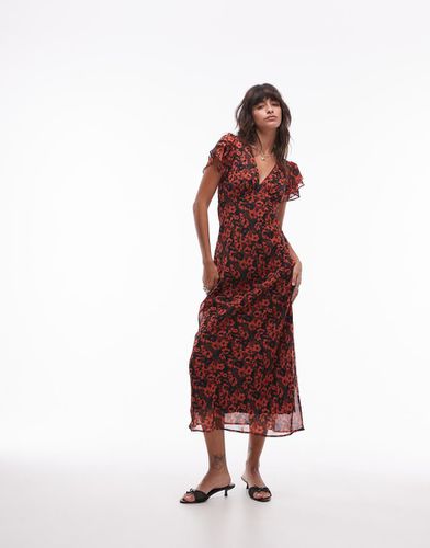 Robe mi-longue à fleurs avec manches évasées - Rouille - Topshop - Modalova