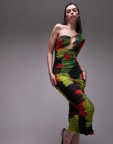 Robe mi-longue asymétrique en tulle froncé - Aquarelle de couleurs vives - Topshop - Modalova