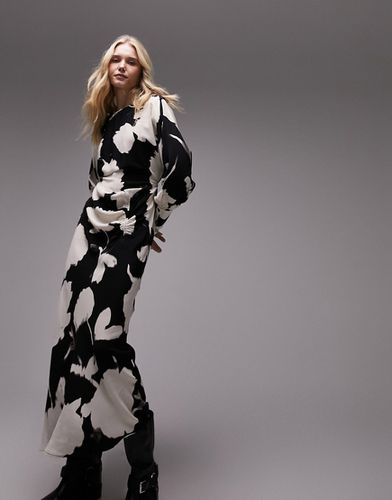 Robe mi-longue froncée devant à manches longues avec imprimé floral - Noir et blanc - Topshop - Modalova