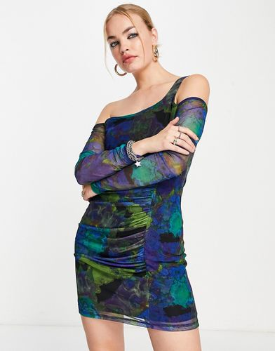 Robe courte froncée en tulle à manches longues avec imprimé fleuri flou - Topshop - Modalova