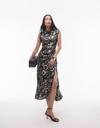 Robe longue à imprimé fleuri flou et encolure drapée - Noir et blanc - Topshop - Modalova