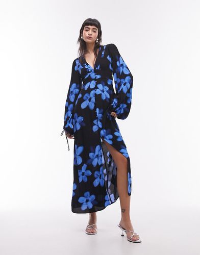 Robe longue boutonnée à col V - Bleu fleuri - Topshop - Modalova