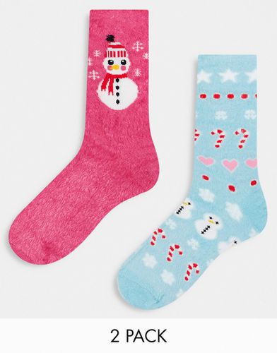 Lot de 2 paires de chaussettes de Noël duveteuses à motif bonhomme de neige - /bleu - Threadbare - Modalova