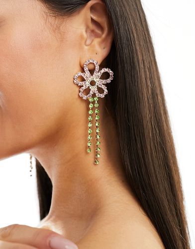Boucles d'oreilles oversize à pendant fleurs en cristaux - Rose et vert - True Decadence - Modalova