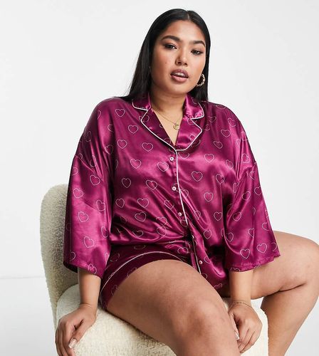 Ensemble de pyjama satiné à imprimé caur - Bordeaux - Vero Moda Curve - Modalova