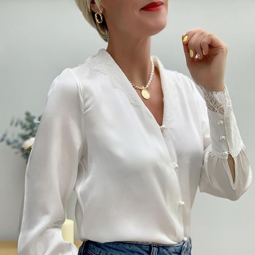 LILYSILK Blouse En Soie Boutons En Dentelle & Perles Délicates Noeud Amovible Rétro Léger Et Résistant Aux Rides Chemises - LILYSILK - Modalova