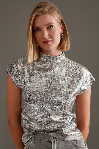 Haut Métallique à Manches Courtes et Col Montant en Silver taille: XS chez Anthropologie - Pilcro - Modalova