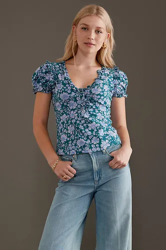 T-Shirt Henley à Manches Bouffantes et Volants en Blue taille: XS chez Anthropologie - Maeve - Modalova