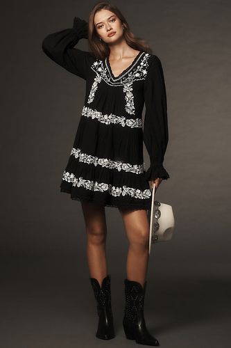 Robe Trapèze Mini Brodée à Manches Longues et Plis Nervurés en taille: S - By Anthropologie - Modalova