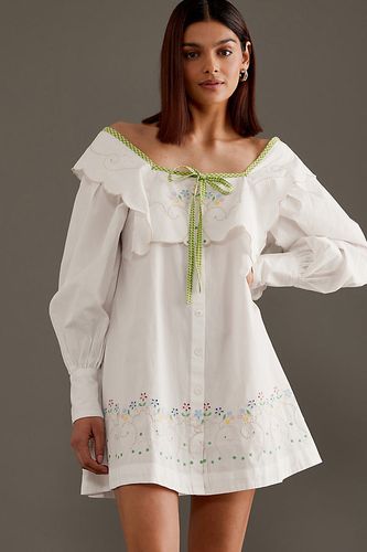 Mala Robe Mini Brodée à Manches Bouffantes en White, taille: Uk 14 chez Anthropologie - Damson Madder - Modalova