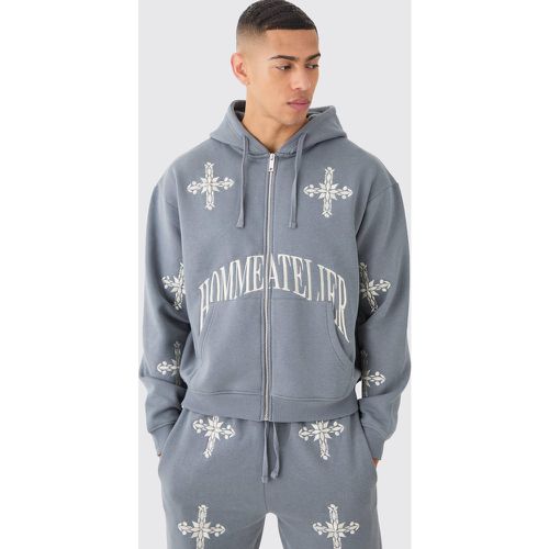 Oversized Boxy Zip Through Cross Embroidered Hoodie - Boohooman - Modalova