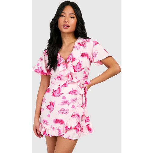 Petite" - Robe Courte Croisée À Volants Et Imprimé Fleuri - boohoo - Modalova