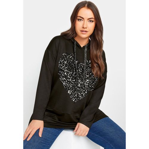 Curve Black Sequin Embellished Heart Longline Hoodie, Grande Taille & Courbes - Yours - Modalova