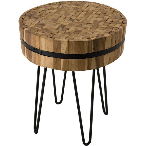 Table d'appoint ronde 45x45cm bois Teck recyclé cerclée métal pieds épingles métal Calcutta - Macabane - Modalova