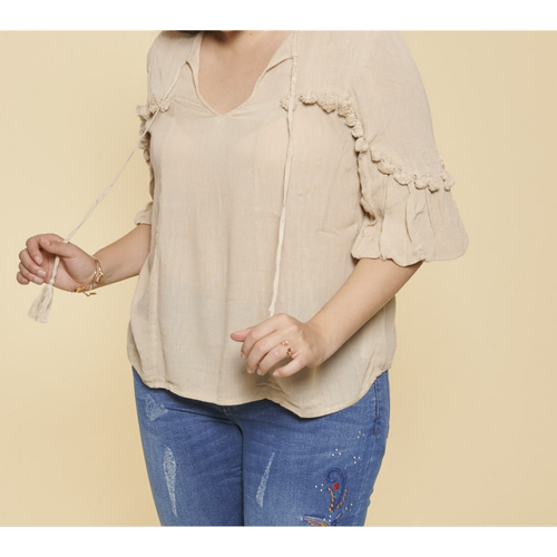 Blouse manches 3/4 bouffantes et pompons - Clair en viscose - 3 SUISSES - Modalova