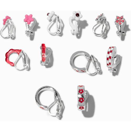 Boucles d’oreilles à clip carreaux et fleurs roses - Lot de 6 - Claire's - Modalova