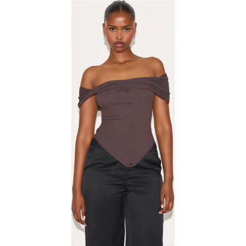Top en maille tricot côtelée à col bardot et boutons - PrettyLittleThing - Modalova