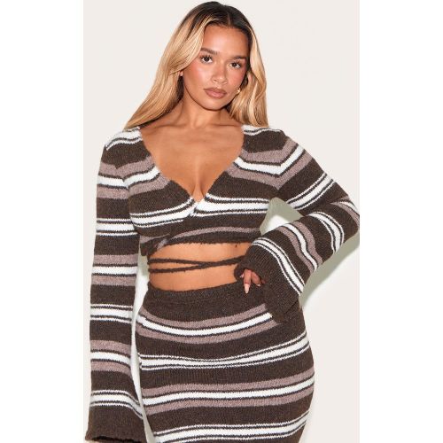 Shape Top en maille tricot brossée chocolat noué devant à rayures - PrettyLittleThing - Modalova