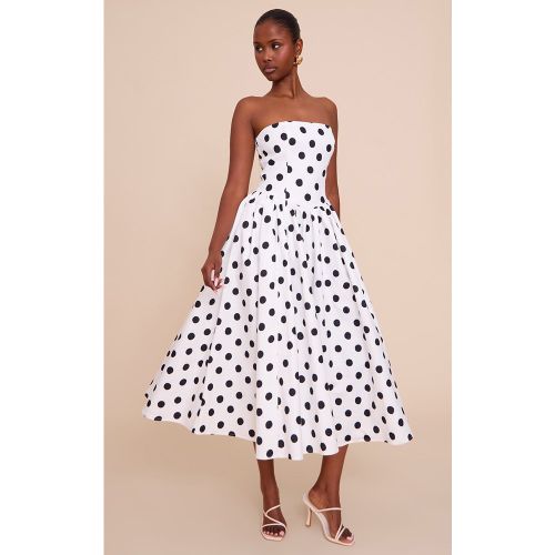 Robe bustier mi-longue patineuse tissée et blanche froncée à pois, & - PrettyLittleThing - Modalova