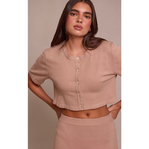 Top en maille tricot fine boutonné à manches courtes | Taille Large - PrettyLittleThing - Modalova