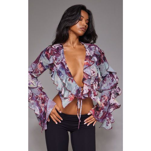 Blouse courte tissée violette transparente à volants et à détail noeud - PrettyLittleThing - Modalova