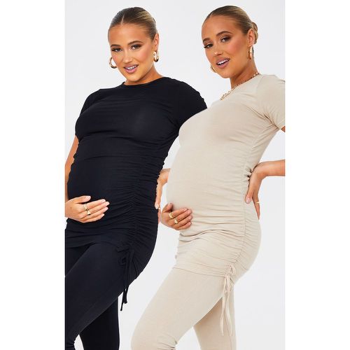 Maternité Lot de 2 T-shirt de grossesses gris pierre et noir froncés à coutures - PrettyLittleThing - Modalova