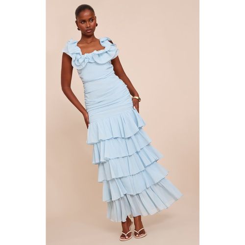 Robe longue en mousseline de soie froncée à volants | Taille 38 - PrettyLittleThing - Modalova