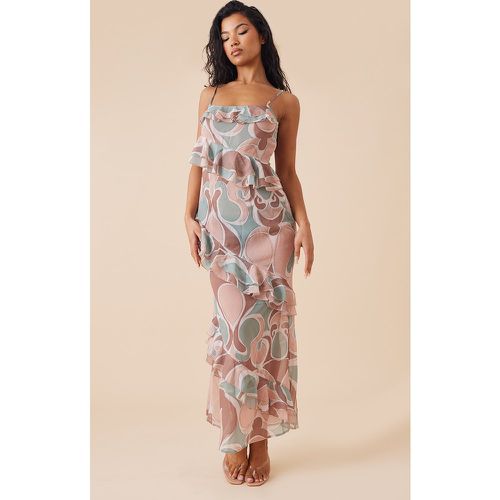 Robe longue en mousseline de soie multi à imprimé abstrait et volants - PrettyLittleThing - Modalova