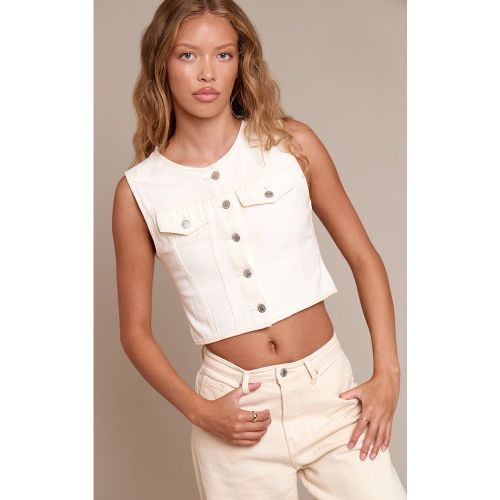 Crop top en jean jaune beurre sans manches à col rond et boutons | Taille 38 - PrettyLittleThing - Modalova