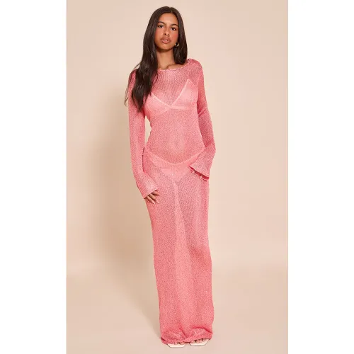 Petite Pink Manches Longues Robe Mi-Longue en Maille Tricot à Paillettes - PrettyLittleThing - Modalova