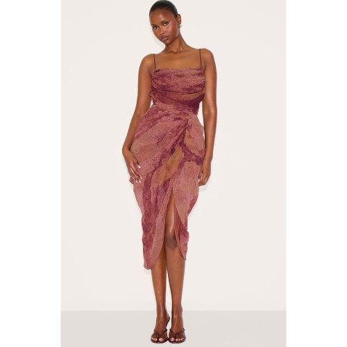 Robe mi-longue en mousseline de soie imprimé abstrait froncée à détail drapé - PrettyLittleThing - Modalova