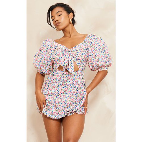 Robe moulante imprimée fleuri nouée devant à manches bouffantes - PrettyLittleThing - Modalova