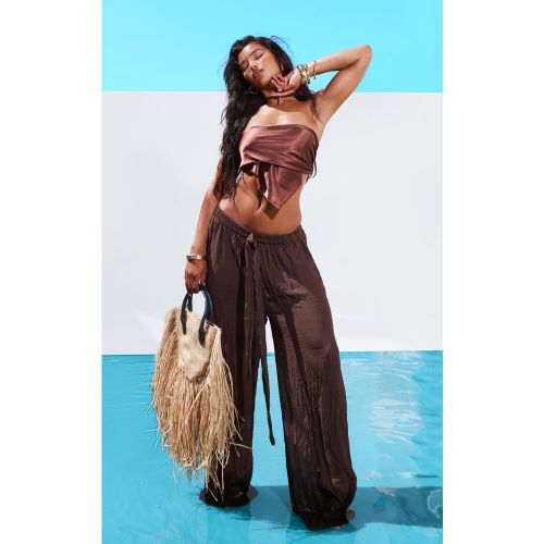 Pantalon de plage palazzo en effet lin marron chocolat - PrettyLittleThing - Modalova