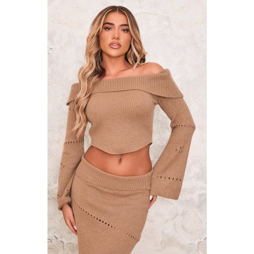 Top en maille tricot à manches longues et col bardot replié - PrettyLittleThing - Modalova
