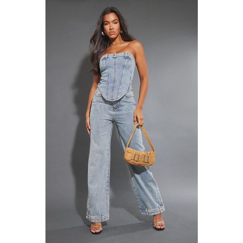 Jean droit bleu moyennement délavé à taille détaillée - PrettyLittleThing - Modalova