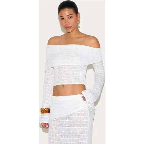 Top en maille tricot texturée blanche à col bardot - PrettyLittleThing - Modalova