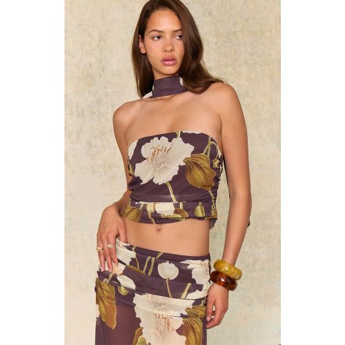 Top bandeau en mousseline de soie fleurie froncé à détail foulard - PrettyLittleThing - Modalova