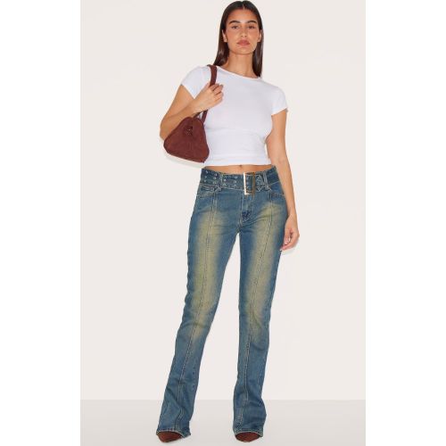 Jean flare indigo délavé vintage à ceinture et coutures devant - PrettyLittleThing - Modalova