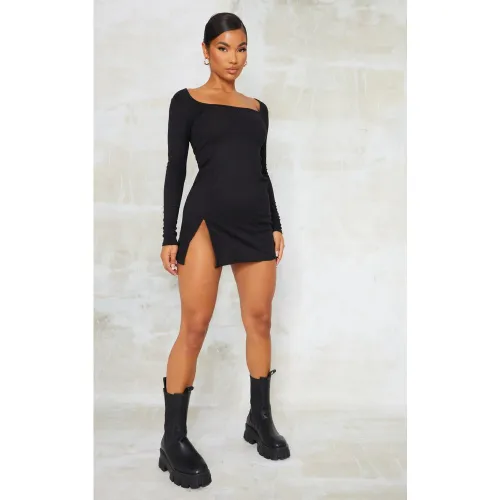 Robe moulante fendue côtelée à col carré et manches longues - PrettyLittleThing - Modalova