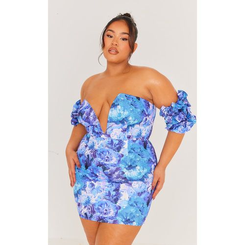 Plus Robe moulante fleurie à col en V et manches volantées - PrettyLittleThing - Modalova