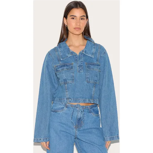 Chemise style rugby en jean à manches longues - PrettyLittleThing - Modalova
