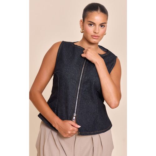 Plus Top en jean indigo délavé sans manches à zip | Taille 48 - PrettyLittleThing - Modalova