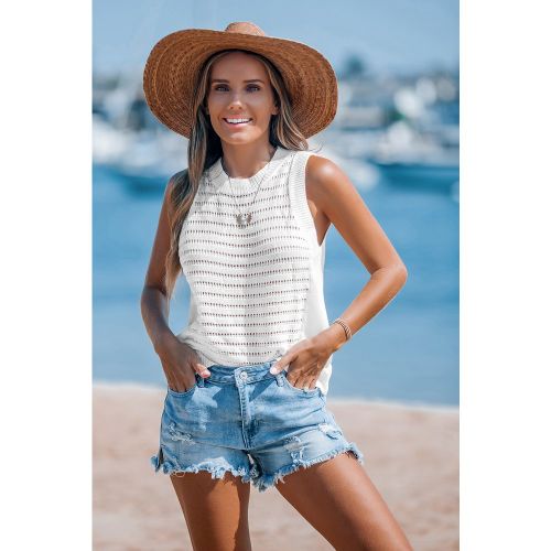 Le débardeur blanc à col rond en tricot ouvert ajoute une touche de style à votre look de plage avec son tricot ouvert respirant et son col rond cl - CAA07A4G016CCS - Modalova