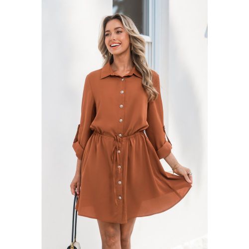 Robe courte à manches longues et col de chemise marron - CUPSHE - Modalova