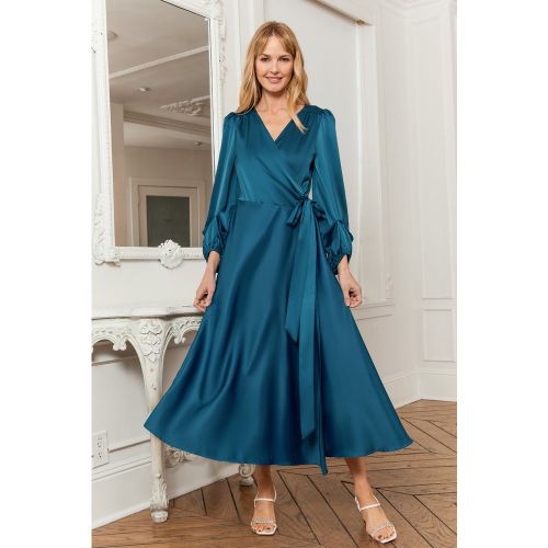 Robe longue à manches bouffantes et col surplis en satin marine - CUPSHE - Modalova