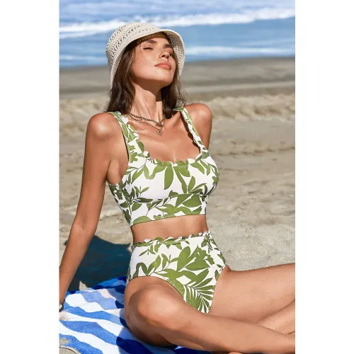 Bikini tropical col carré garniture festonnée - CUPSHE - Modalova