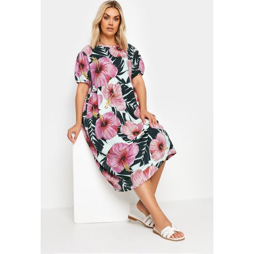 Robe Blanche & Rose Smocké Plissée Design Tropical , Grande Taille & Courbes - Yours - Modalova