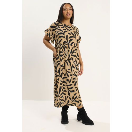 Robe À Manches Volantées Et Imprimé Abstrait Marron Size 48 - Yours - Modalova