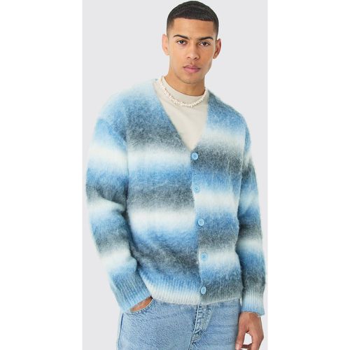 Boxy Fit Knitted Brushed Stripe Cardigan In Blue - Boohooman - Modalova